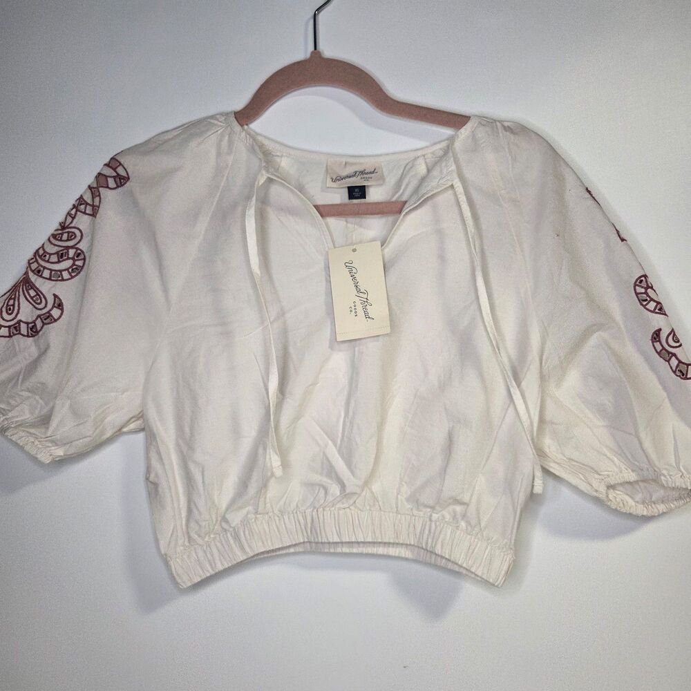 Universal Thread White Embroidered Puff Sleeve Tie Neck Blouse Crop Top NWT
